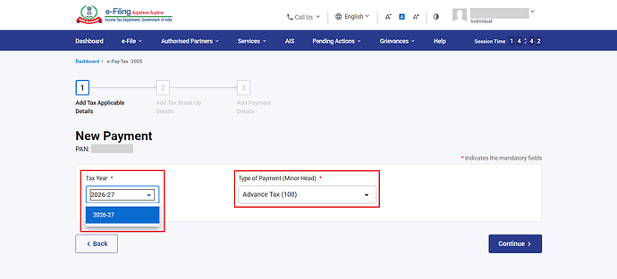 Select the Tax Year and the Payment Type < Continue