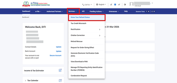Navigate to Services > Know Your Refund Status