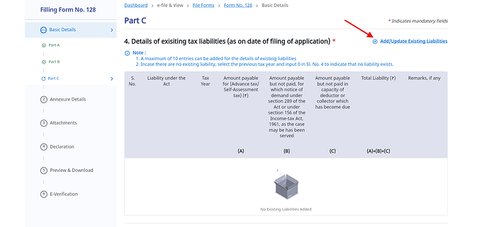 Part C click on Add/Update Existing Liabilities if you have any