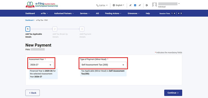 Select the relevant AY and Payment type