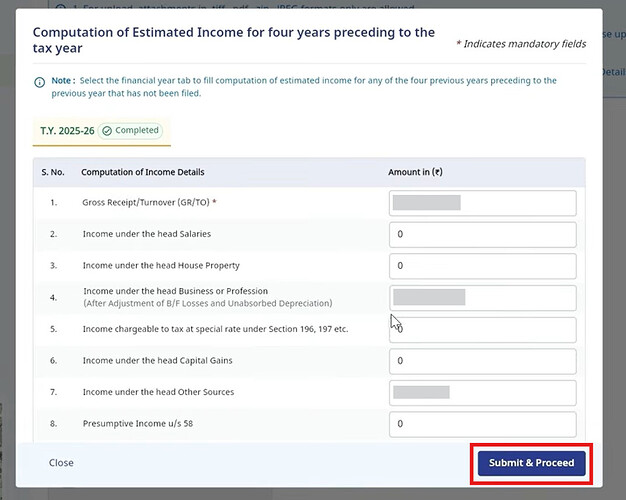 Fill the details of estimated income for any of the four years