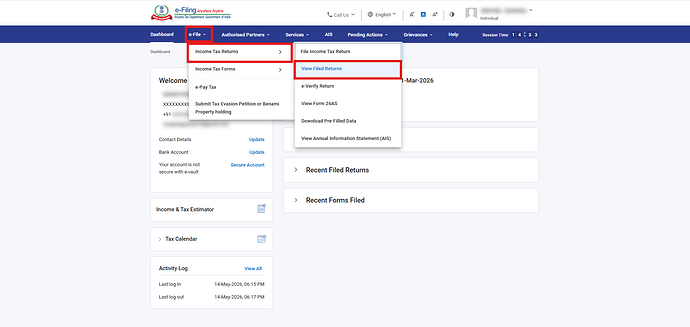 Navigate to e-File > Income Tax Returns > View Filed Returns