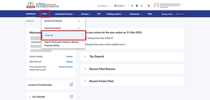 Go to e-File < e-Pay Tax