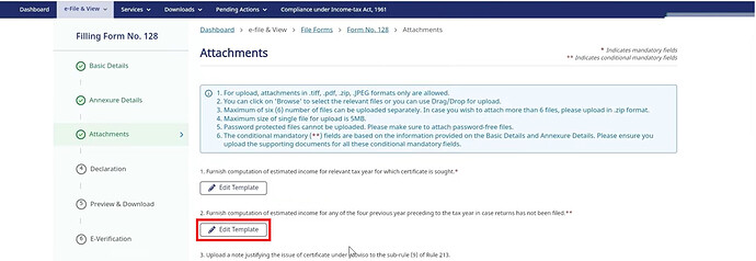 Click on Edit Template of estimated income for any of the four year